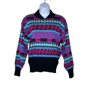 Vtg SERAC Aztec Blue Fuchsia Sweater Wool Acrylic High Ski Retro MEDIUM 90s 80s